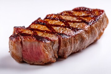 Fototapeta premium A cooked steak showing grill marks and a pink interior rests on a white surface