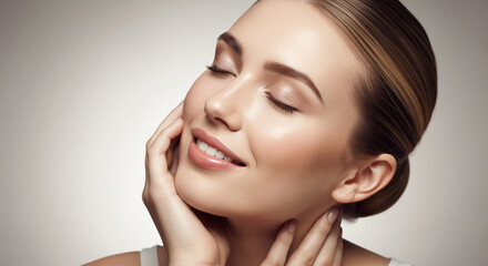 Naklejka premium A young woman with a radiant complexion and soft makeup gently touches her face, eyes closed and smiling serenely
