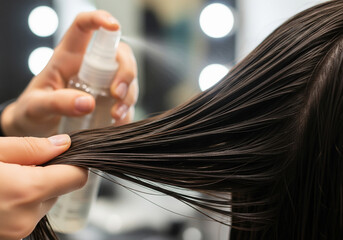 A hand holding a spray bottle, applying a hair product to long, shiny strands of dark hair