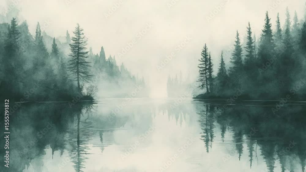 Poster a serene lake scene with trees reflecting in the water