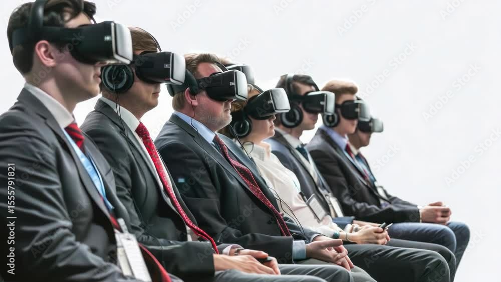 Poster group of people in different settings using virtual reality headsets, great for technology and innov