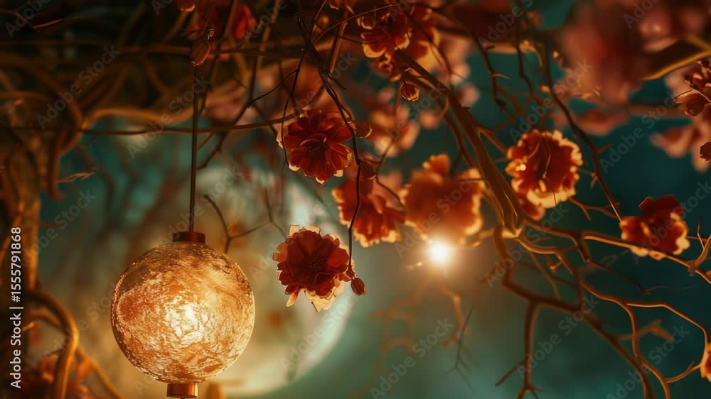 Poster A close-up of a lantern hanging from a tree branch