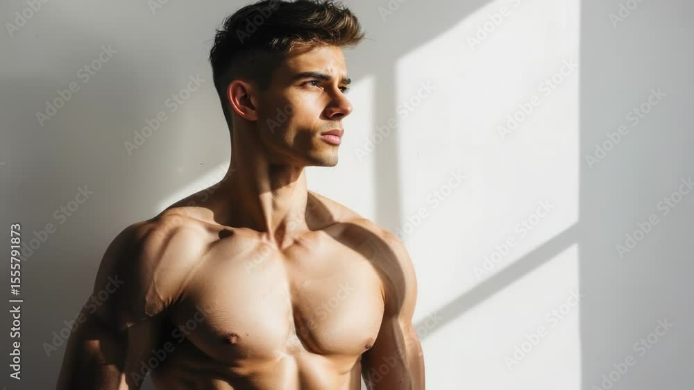 Poster A shirtless man poses in front of a window with a calm expression
