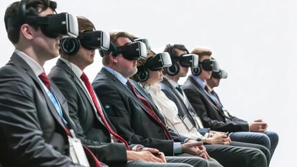 Group of people in different settings using virtual reality headsets, great for technology and innovation concept images