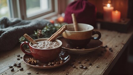 Fototapeta premium Warm beverages with cinnamon sticks evoke a cozy, comforting atmosphere on a rustic wooden table.