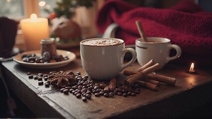 Cozy still life of warm beverages, spices, and candlelight creates a relaxing, inviting scene.