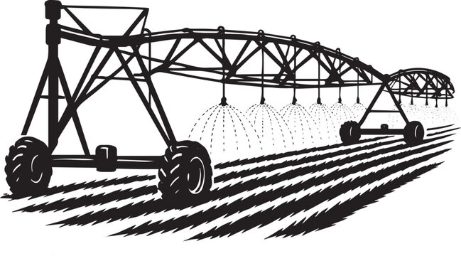 Center Pivot Irrigation System Silhouette &ndash; High-Detail Black and White Vector of Rotating Crop Watering Equipment