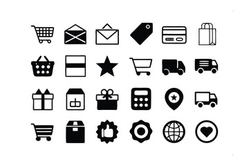 Digital Commerce Icons: An assortment of meticulously crafted, stark black and white icons symbolizing diverse facets of online retail. These graphics represent e-commerce.