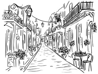 old european alley with balconies and flowers black and white vector