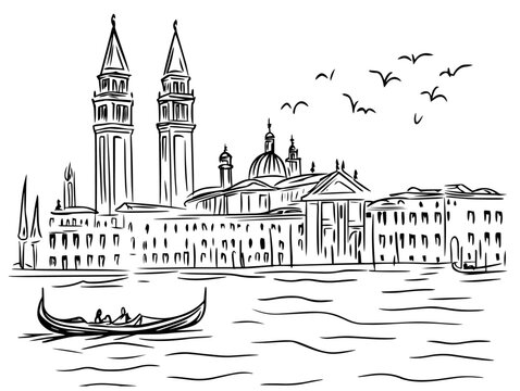 venetian skyline with domes towers and gondola hand drawn vector