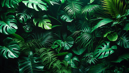 Tropical green leaves creating lush natural background