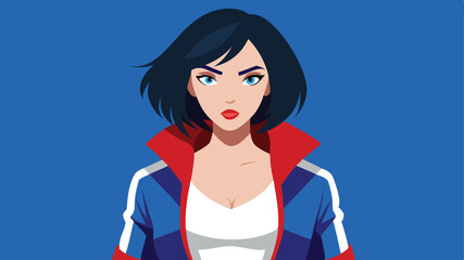 A stylish woman with short dark hair and red lips is illustrated in a modern graphic portrait