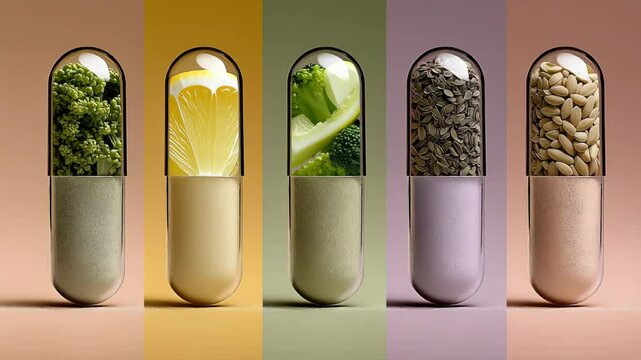 Five transparent supplement organic natural vitamin capsules filled with broccoli, lemon, seeds and powders. Vertical alignment and colored background represent health, nutrition, natural medicine