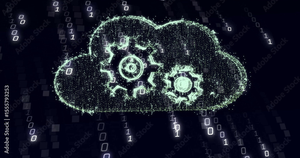 Poster glowing digital cloud icon streaming binary digits in dark abstract space, with embedded gear icons