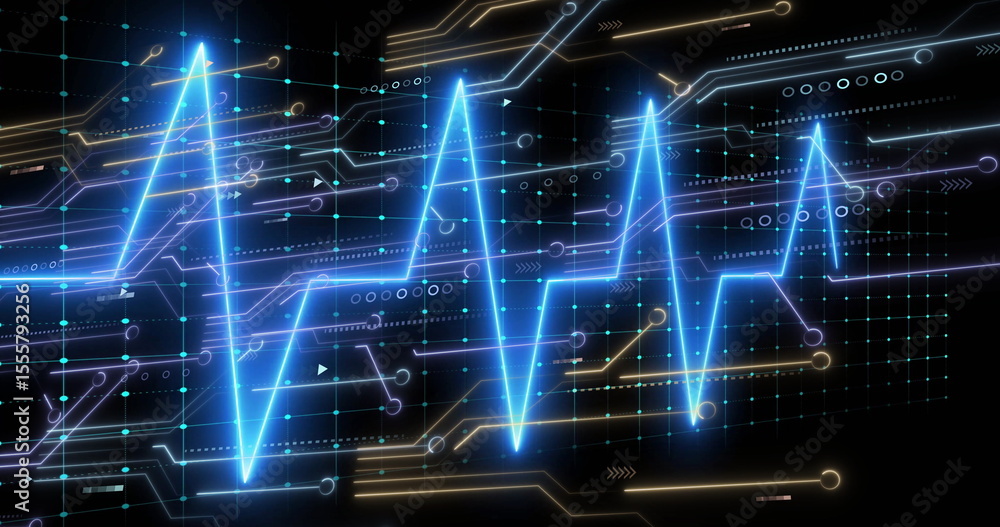Poster pulsing blue neon waveform oscillating on futuristic interface, with circuit traces and data nodes