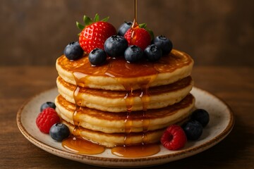 A stack of three fluffy pancakes drizzled with syrup and topped with fresh berries on a plate.