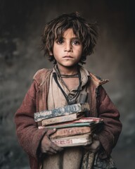 Poor Child Carrying Books, Serious Expression