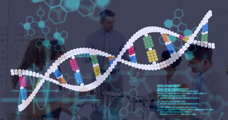 Floating semi-transparent DNA helix above boardroom table with experts discussing genetic research