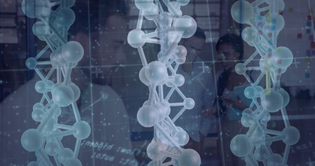 Projecting translucent holographic molecular chains in lab office, with researchers holding tablet