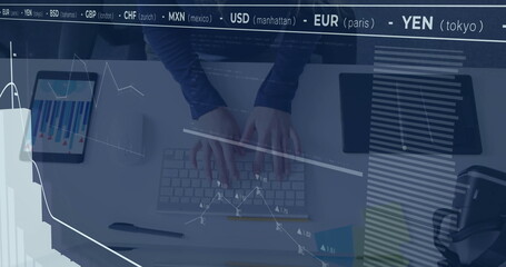 Typing woman's hands navigating financial chart overlays on white desk, with tablet and headphones