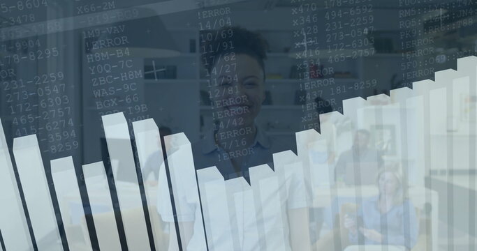 Hispanic female wearing collared shirt analyzing bar chart in meeting room with code overlay