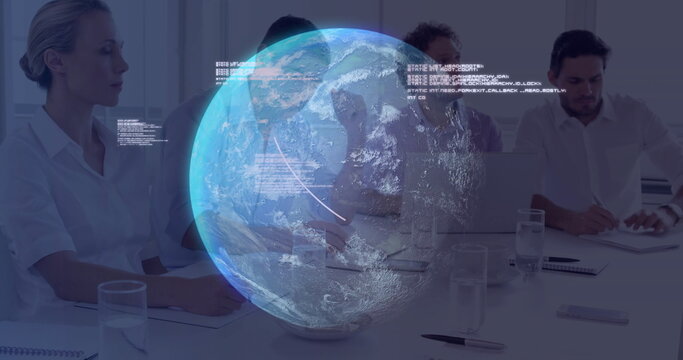 Collaborating team in business attire reviewing strategy at meeting table, with holographic globe - Powered by Adobe