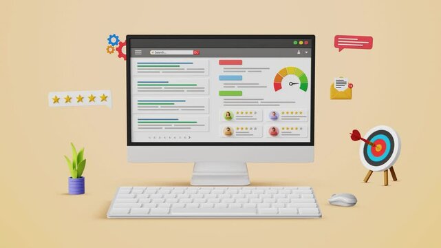 SEO ranking, SEO analysis, SERP, Search engine result page, website marketing, results query, organic reviews, website optimization. Computer with top search results. 4K 3D animation
