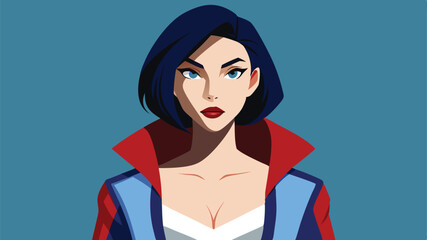 A stylized portrait of a woman with blue hair and red jacket