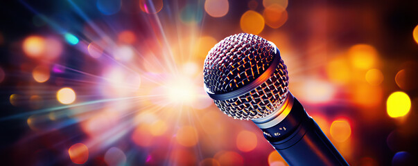 Microphone gleams under colorful lights at a live performance venue with an energetic atmosphere