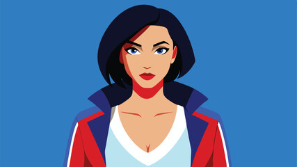 A stylish woman with blue eyes is shown in a red jacket, illustrated in a modern graphic style