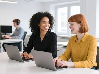 Happy Multiracial Office Team Working Together with Laptops