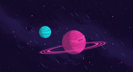 Cosmic digital art with vibrant planets in space. Colorful space scene with pink and turquoise planets. Stylized cosmic artwork with glowing rings and stars.
