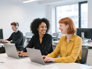 Happy Multiracial Office Team Working Together with Laptops