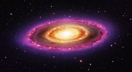 Obraz premium Fiery spiral galaxy in vibrant cosmic illustration. Colorful elliptical galaxy with glowing core. Grand cosmic scene with purple and pink spiral arms.