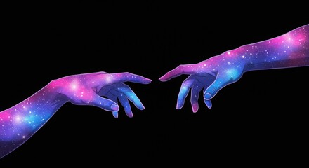 Obraz premium Cosmic hands reaching in galaxy-themed digital art. Vibrant space-inspired hands nearly touching. Symmetrical galaxy hands against black background.