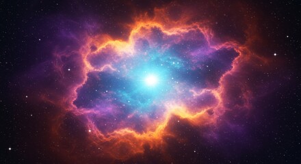 Fototapeta premium Striking blue-core nebula with swirling purple and pink clouds. Dynamic cosmic scene with glowing edges. Vast space illustration with colorful nebula.