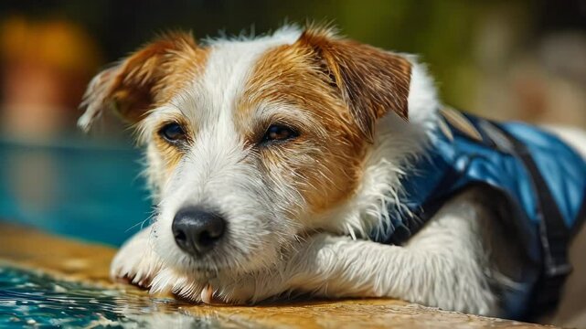A joyful dog rests on the coping of a pool, gazing serenely into the water. The sun shines brightly, highlighting its playful demeanor and wet fur, creating a cheerful atmosphere.