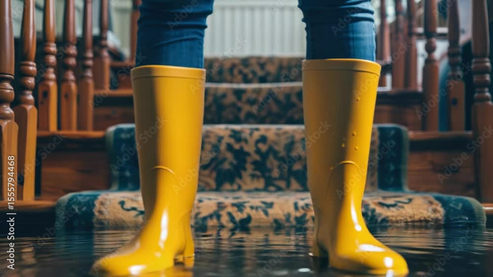 Aufkleber a person wearing yellow rain boots stands on a set of stairs, ready to navigate through wet weather