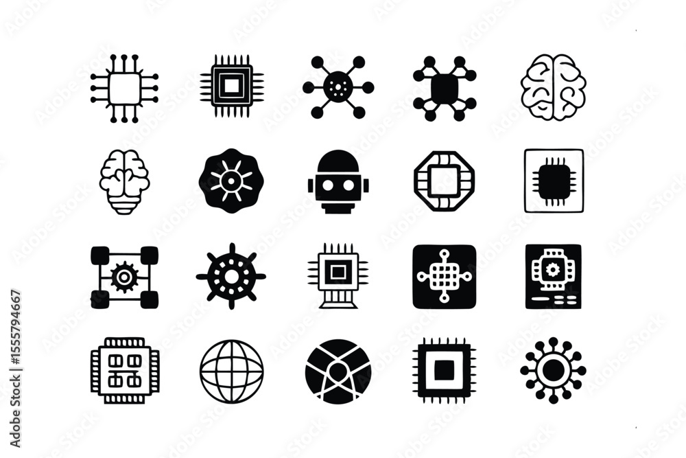 Poster digital intelligence: a collection of intricately illustrated symbols representing the core concepts