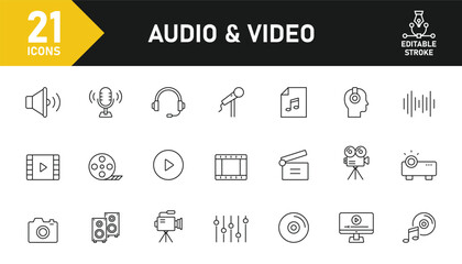 Video and Audio line icon set. Set of 21 outline icons related to video, audio, microphone, sound, media player, movie and others. Editable stroke. Vector illustration.