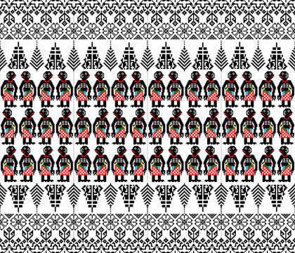 Traditional Thai shadow puppet art pattern in pixel style, inspired by southern cultural heritage and textile design.