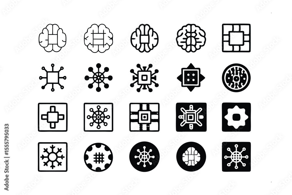 Poster brain and chip icons: a collection of 20 unique and versatile brain and microchip icons, perfect for