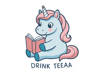 Cute Cartoon Unicorn Reading a Book with Drink Teeaa Text Below Isolated