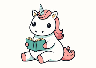 Adorable Cartoon Unicorn Reading a Book Sitting Down Isolated on a White Background