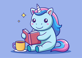 Cute Unicorn Reading Book with Coffee Cartoon Vector Illustration Icon Concept Isolated