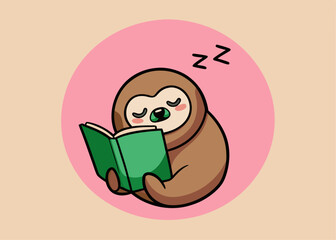 Cute Sleeping Sloth Reading a Book Cartoon Illustration with Pink Background and Beige Foreground
