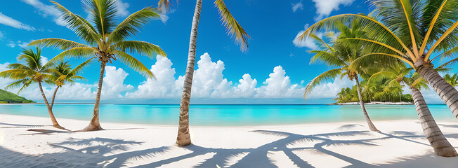 Tropical Beach with White Sand, Palm Trees, and Turquoise Ocean under Blue Sky – Paradise Vacation Landscape