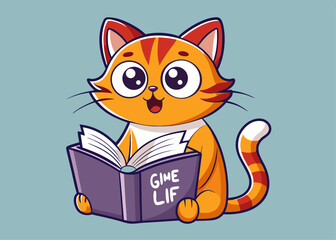 Cartoon Orange Cat Reading a Book Titled Give Life on a Blue Background