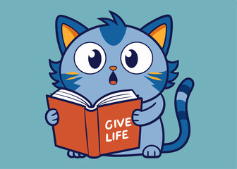 Surprised Cartoon Cat Reading a Book Titled Give Life on a Light Blue Background