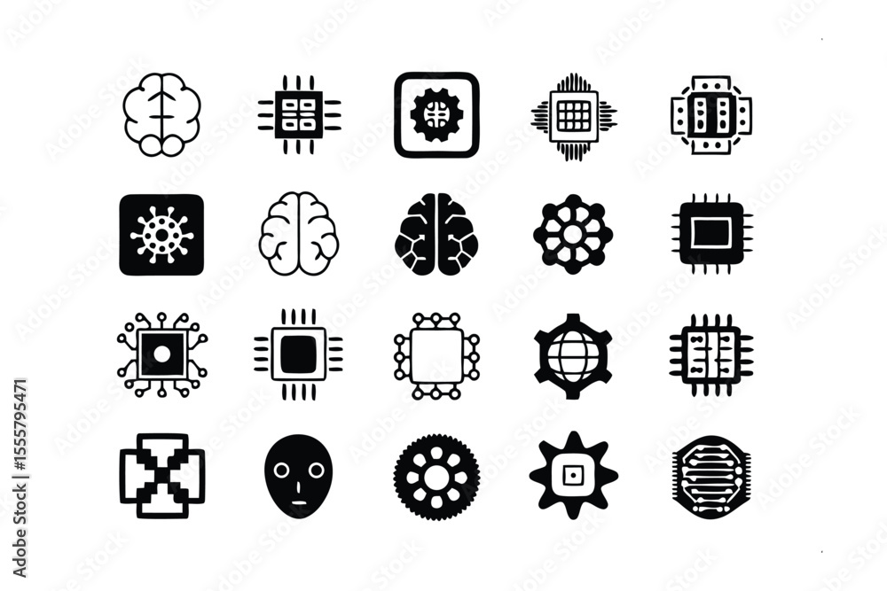 Poster icons of innovation: an array of intricately crafted black icons representing various facets of tech